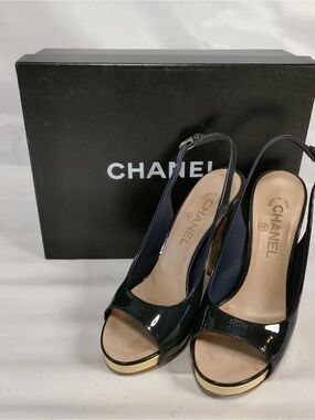 CHANEL Navy Patent Leather Open-Toe Slingback Heels with platform